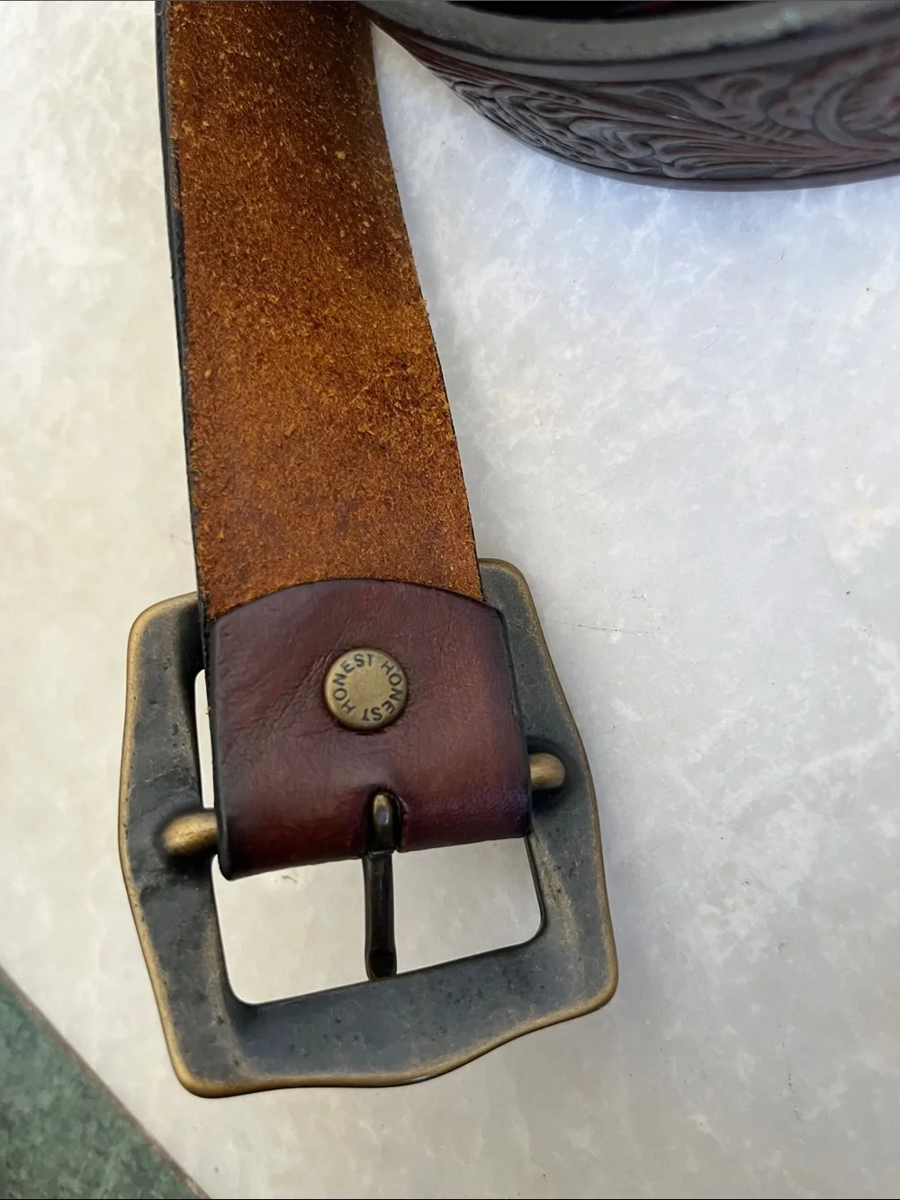 Brighton Embossed Floral Leather Belt in Deep Burgundy with Antique Brass Buckle